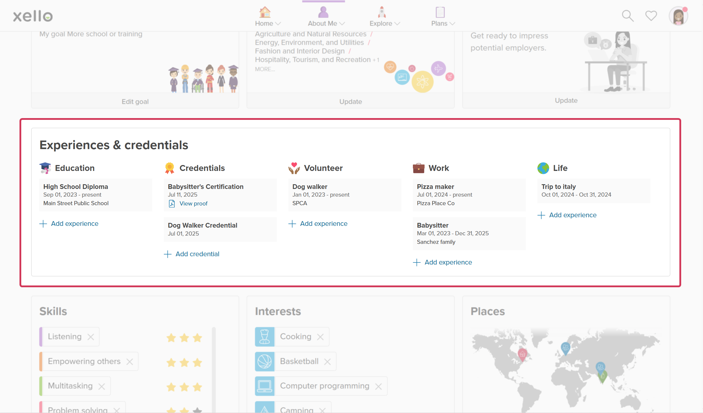 Click to enlarge Student Experiences & credentials timeline in Xello